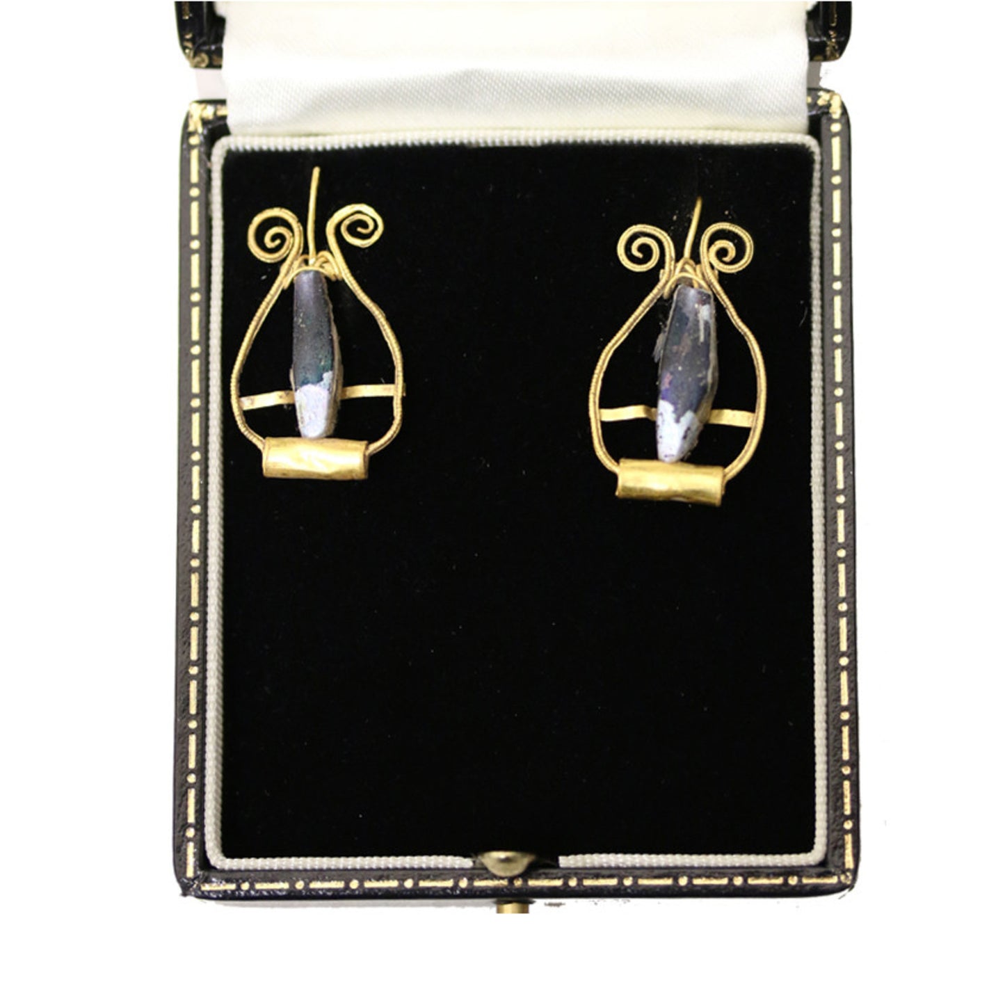 Ancient Roman 18KT Yellow Gold Glass Earrings in box