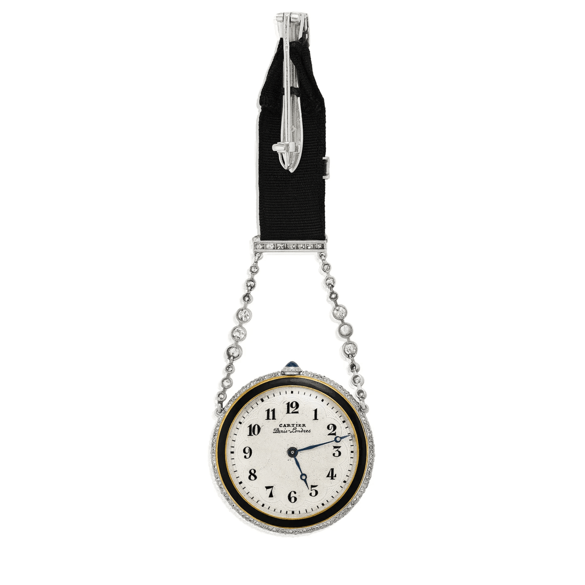 Cartier Paris Edwardian Platinum & 18KT Yellow Gold Diamond, Enamel, Sapphire Watch Brooch watch face