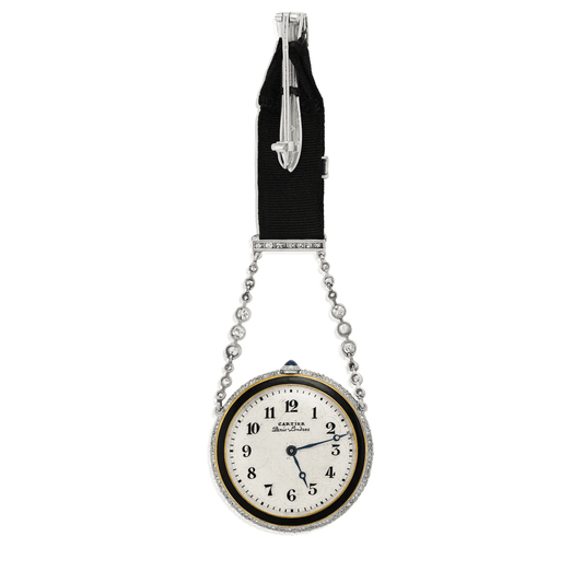 Cartier Paris Edwardian Platinum & 18KT Yellow Gold Diamond, Enamel, Sapphire Watch Brooch watch face