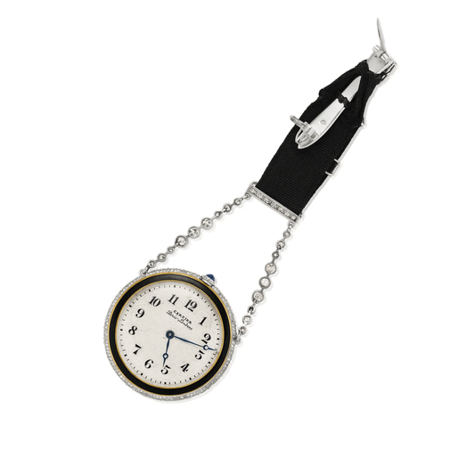 Cartier Paris Edwardian Platinum & 18KT Yellow Gold Diamond, Enamel, Sapphire Watch Brooch watch face