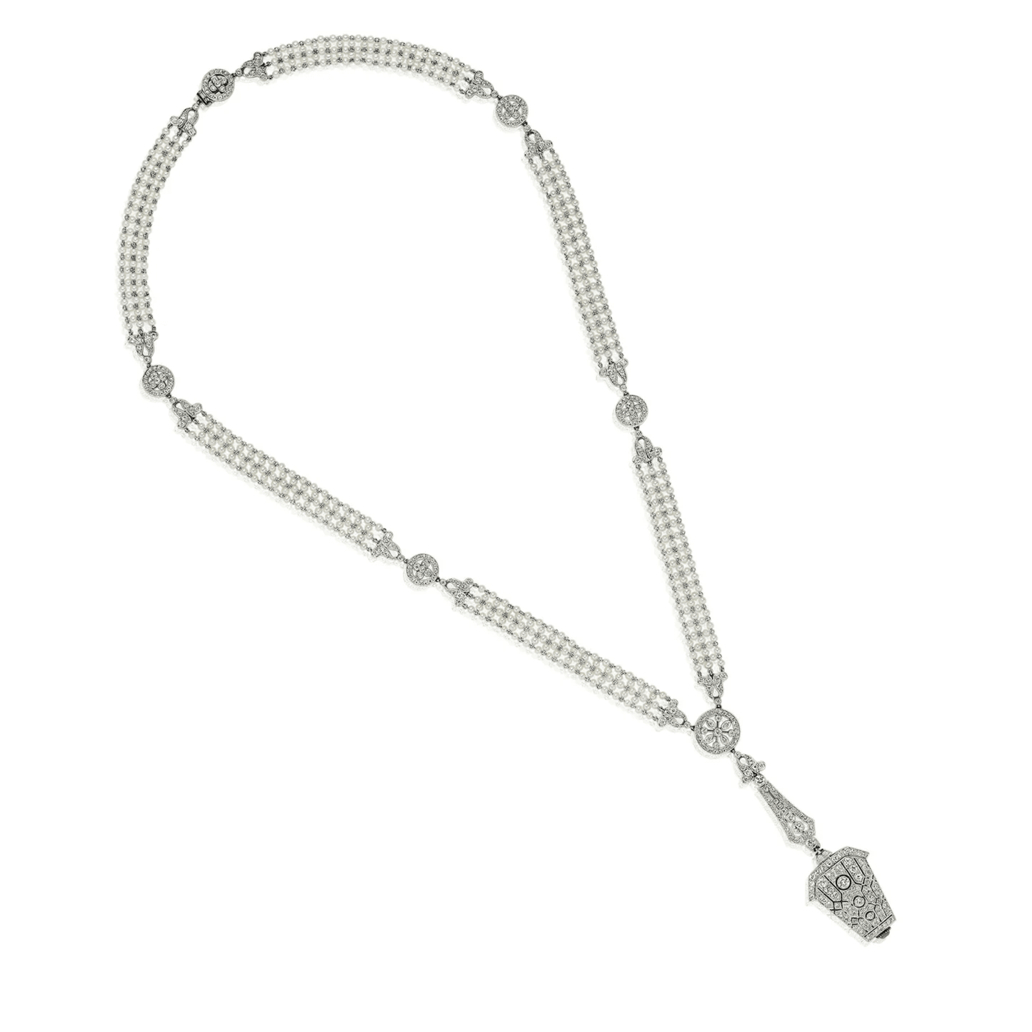 Edwardian Platinum Diamond & Natural Pearl Watch Necklace front