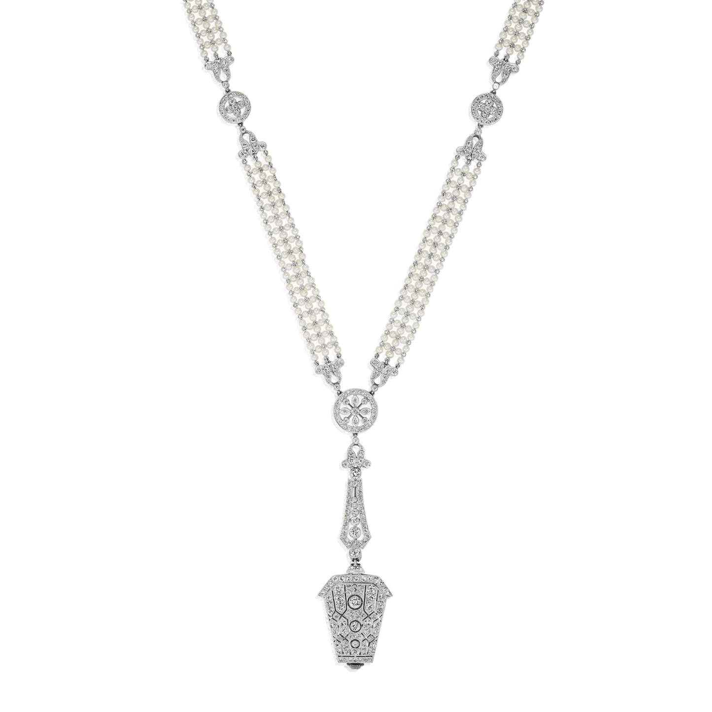Edwardian Platinum Diamond & Natural Pearl Watch Necklace front