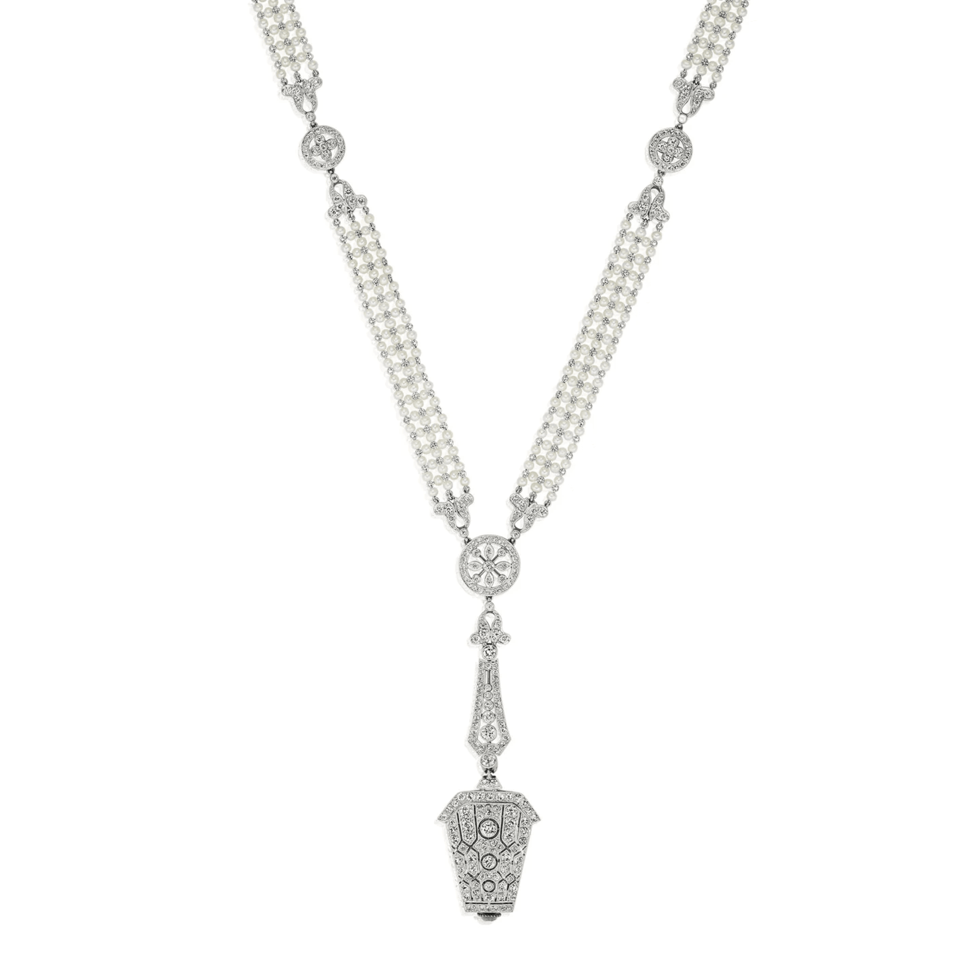 Edwardian Platinum Diamond & Natural Pearl Watch Necklace front