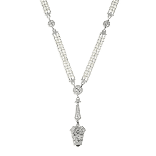 Edwardian Platinum Diamond & Natural Pearl Watch Necklace front