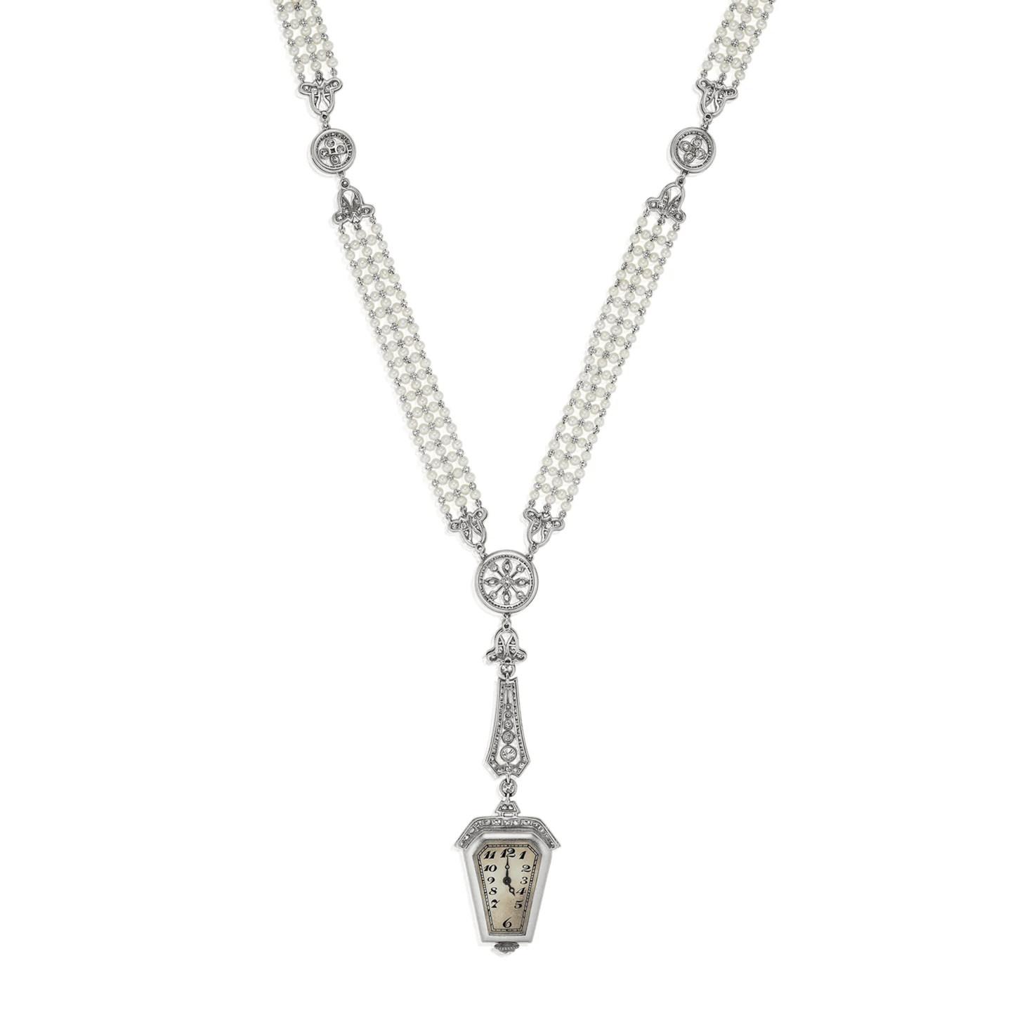 Edwardian Platinum Diamond & Natural Pearl Watch Necklace watch face