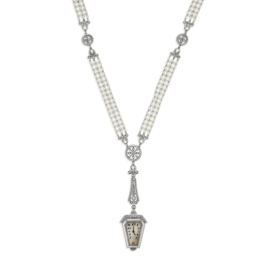 Edwardian Platinum Diamond & Natural Pearl Watch Necklace watch face