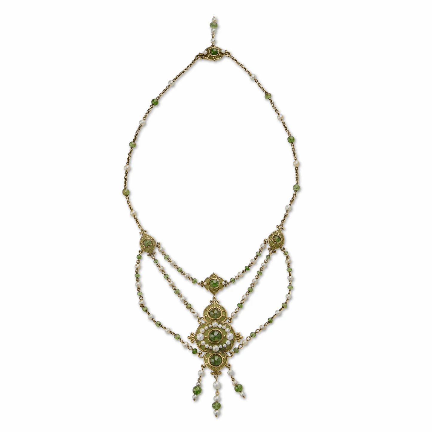 Marcus & Co. Art Nouveau 18KT Yellow Gold Natural Pearl, Enamel & Peridot Necklace front