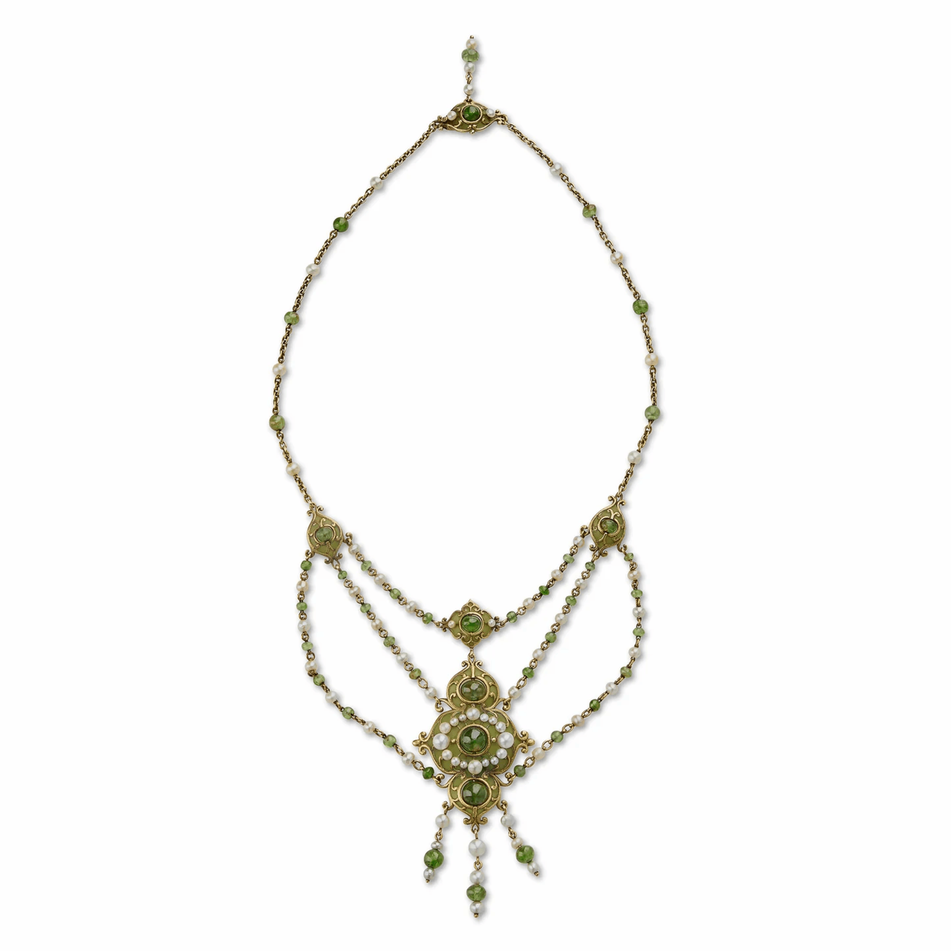 Marcus & Co. Art Nouveau 18KT Yellow Gold Natural Pearl, Enamel & Peridot Necklace front