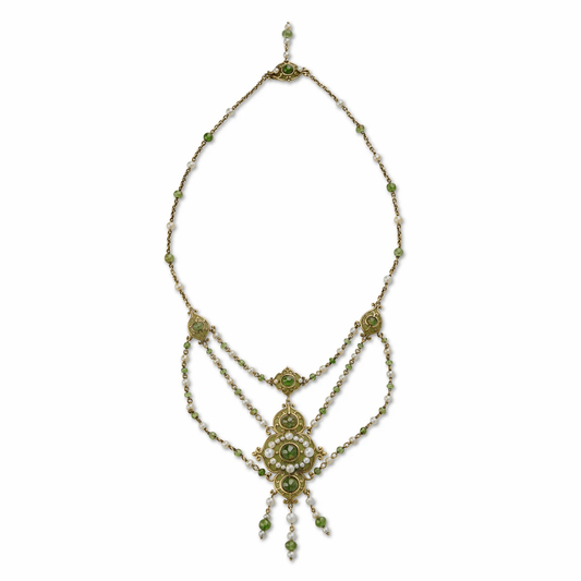 Marcus & Co. Art Nouveau 18KT Yellow Gold Natural Pearl, Enamel & Peridot Necklace front