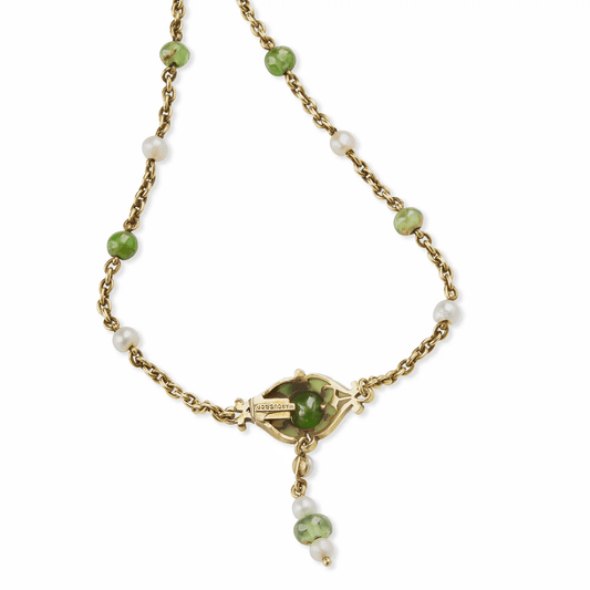 Marcus & Co. Art Nouveau 18KT Yellow Gold Natural Pearl, Enamel & Peridot Necklace signature