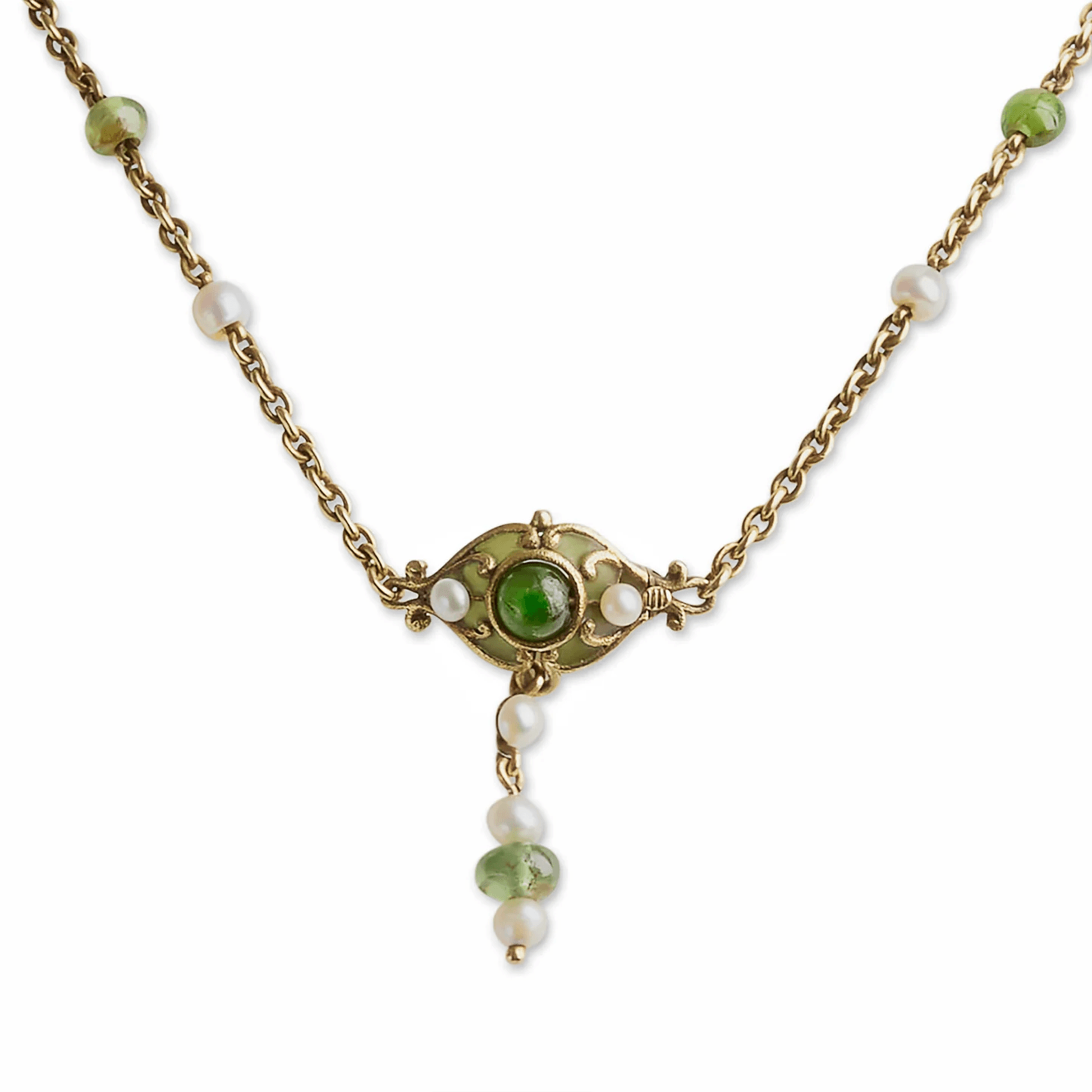 Marcus & Co. Art Nouveau 18KT Yellow Gold Natural Pearl, Enamel & Peridot Necklace clasp