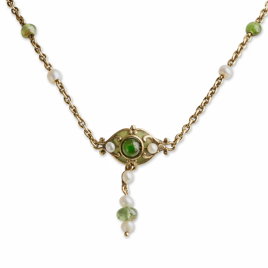 Marcus & Co. Art Nouveau 18KT Yellow Gold Natural Pearl, Enamel & Peridot Necklace clasp