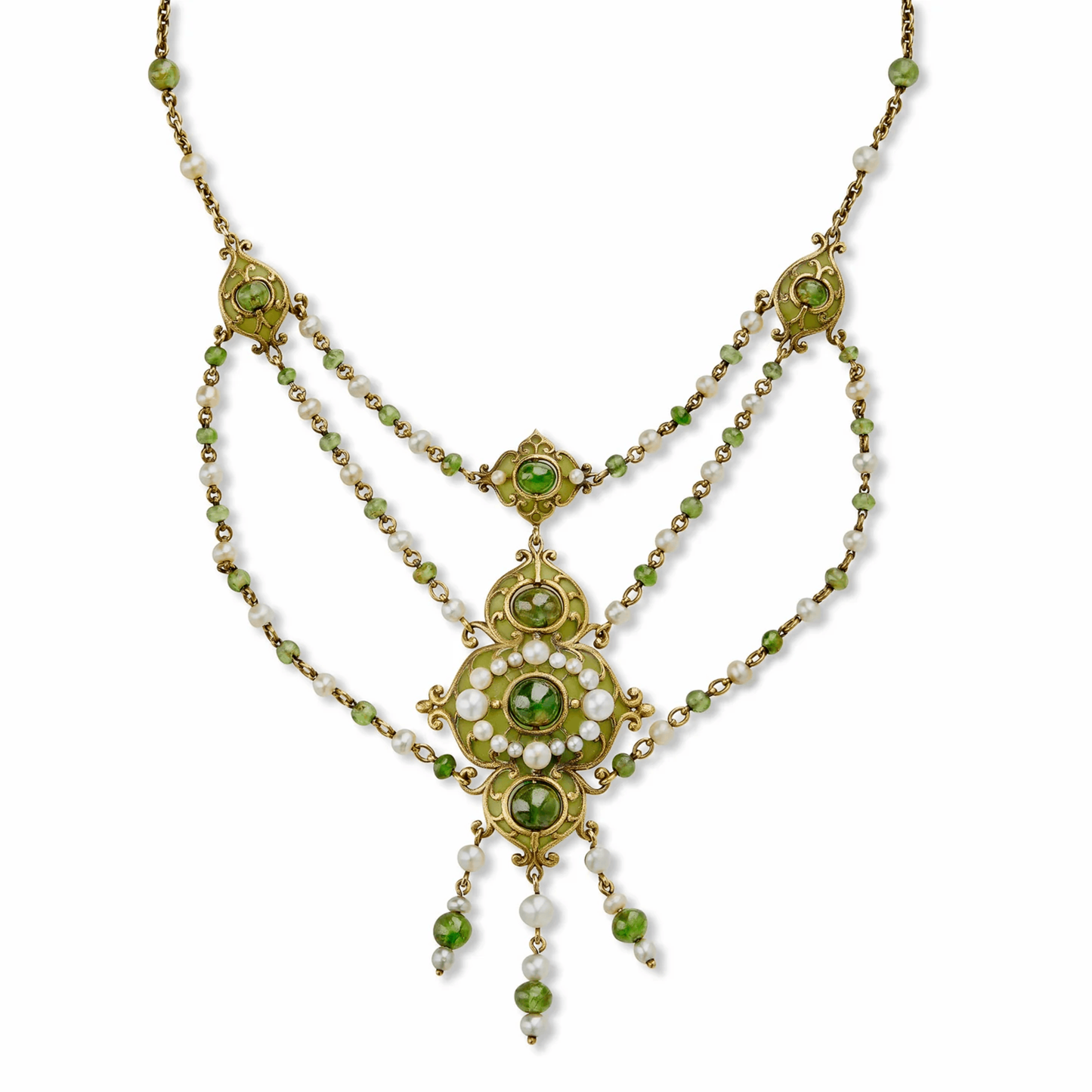 Marcus & Co. Art Nouveau 18KT Yellow Gold Natural Pearl, Enamel & Peridot Necklace front