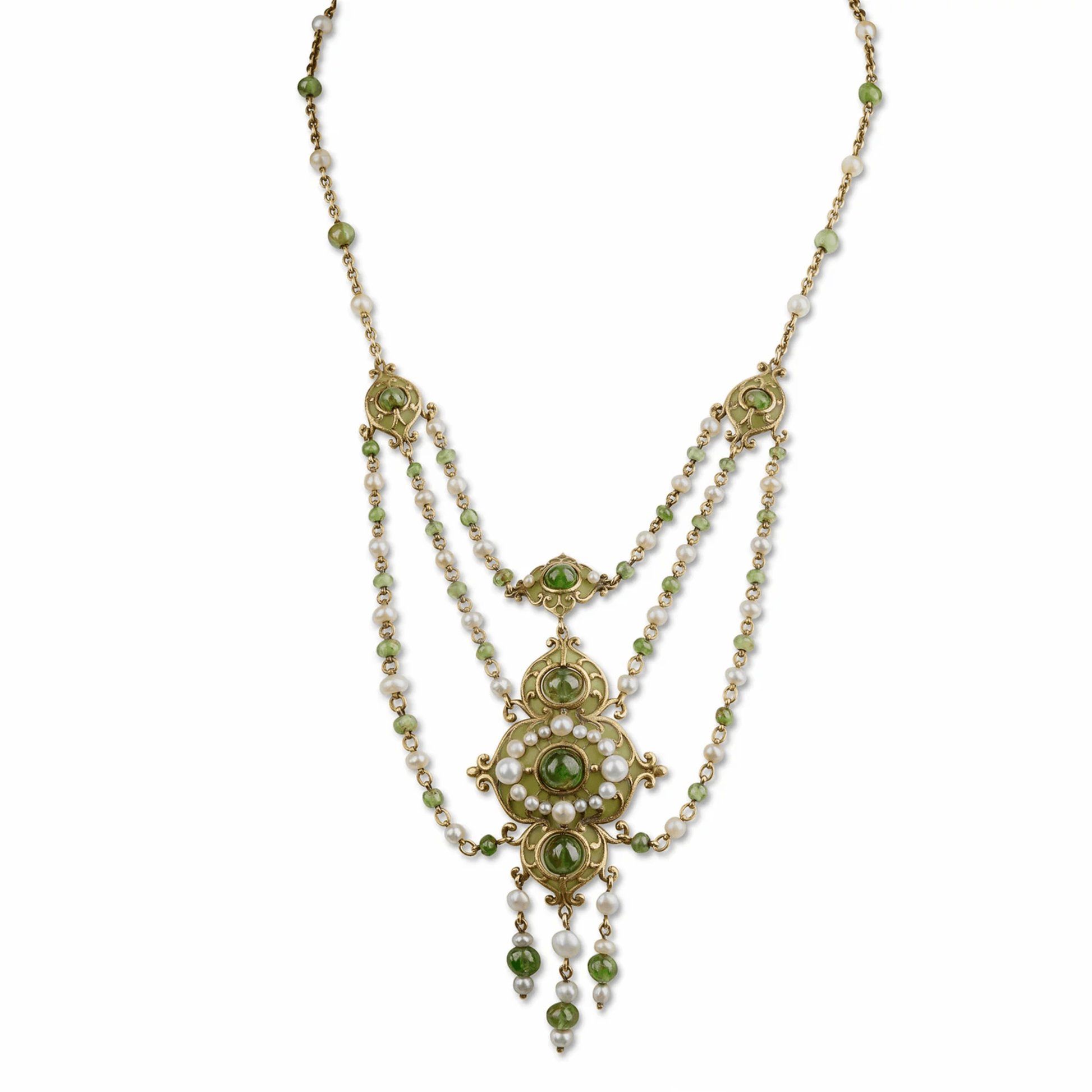 Marcus & Co. Art Nouveau 18KT Yellow Gold Natural Pearl, Enamel & Peridot Necklace front