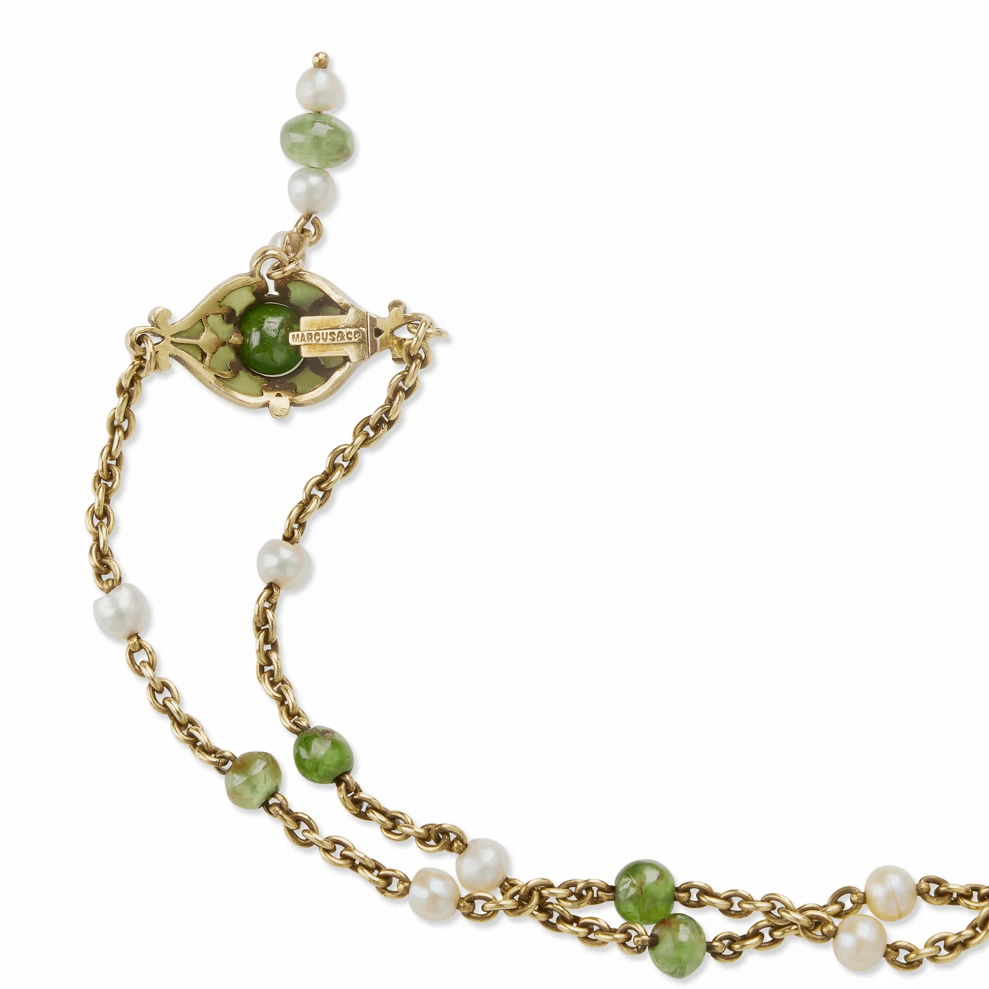Marcus & Co. Art Nouveau 18KT Yellow Gold Natural Pearl, Enamel & Peridot Necklace details