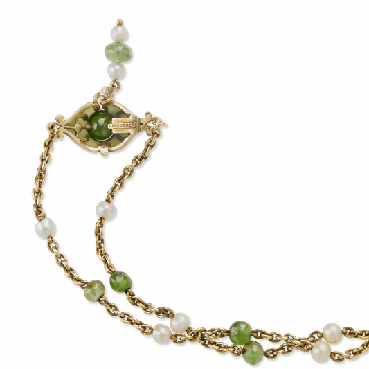 Marcus & Co. Art Nouveau 18KT Yellow Gold Natural Pearl, Enamel & Peridot Necklace details