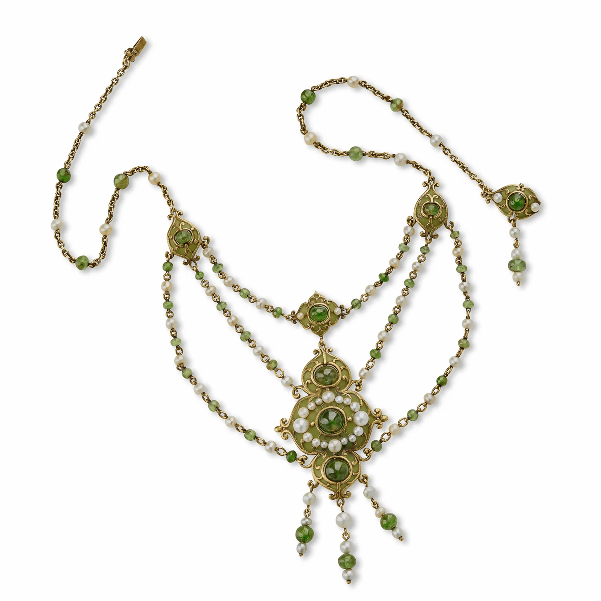 Marcus & Co. Art Nouveau 18KT Yellow Gold Natural Pearl, Enamel & Peridot Necklace front