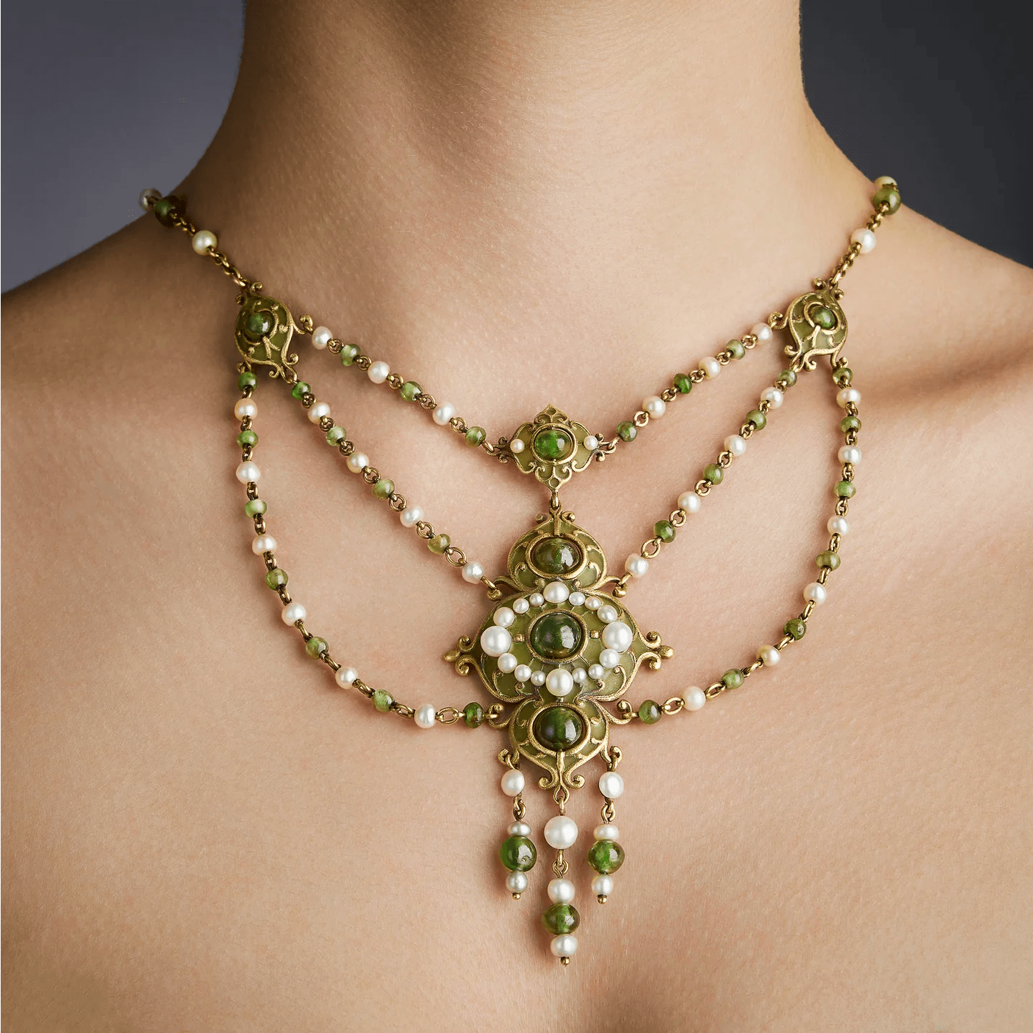 Marcus & Co. Art Nouveau 18KT Yellow Gold Natural Pearl, Enamel & Peridot Necklace on neck