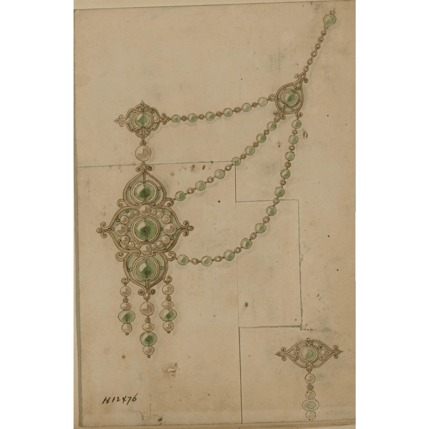Marcus & Co. Art Nouveau 18KT Yellow Gold Natural Pearl, Enamel & Peridot Necklace drawing