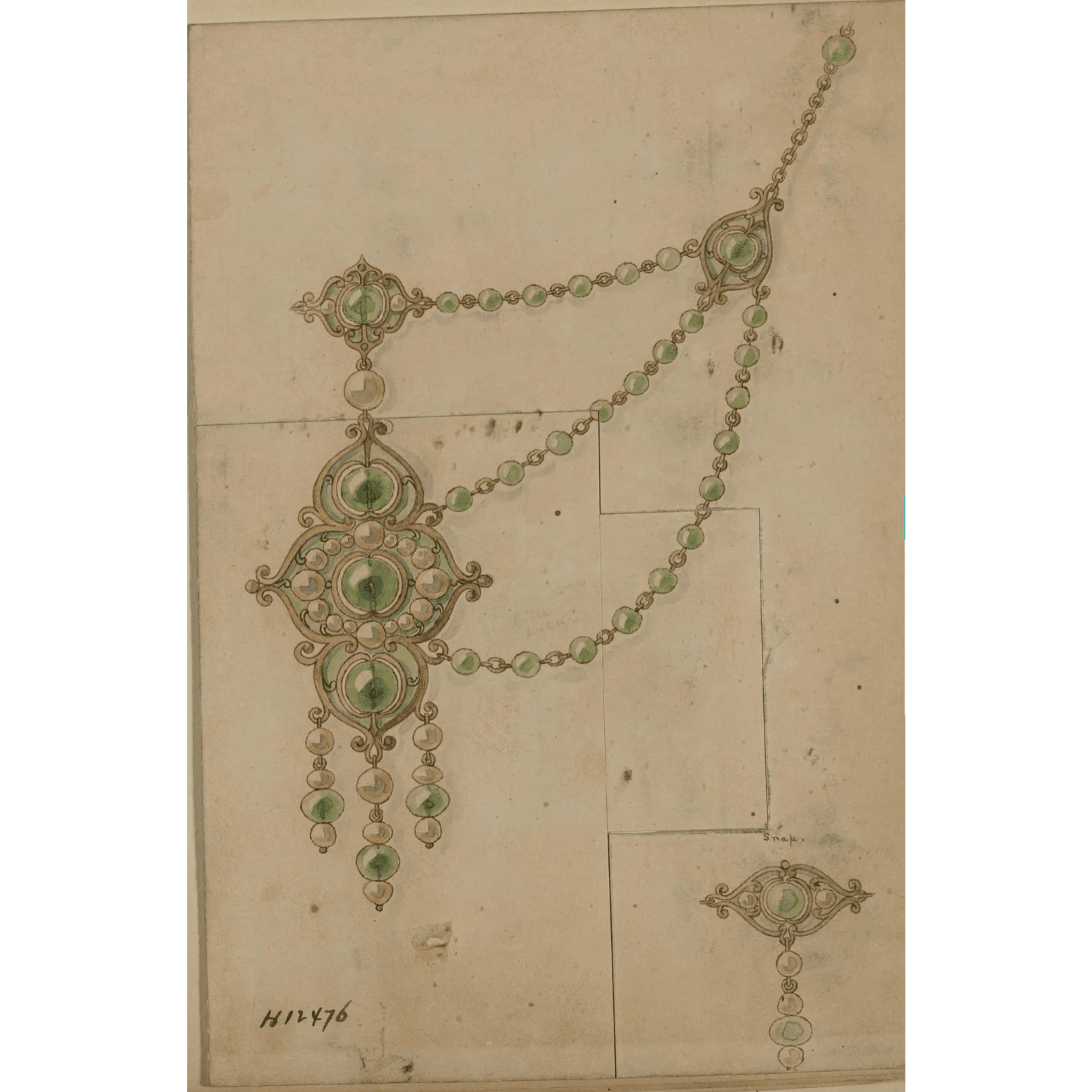 Marcus & Co. Art Nouveau 18KT Yellow Gold Natural Pearl, Enamel & Peridot Necklace drawing