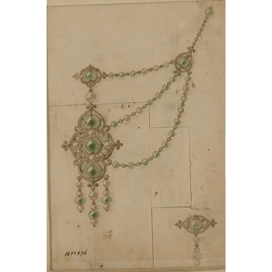 Marcus & Co. Art Nouveau 18KT Yellow Gold Natural Pearl, Enamel & Peridot Necklace drawing