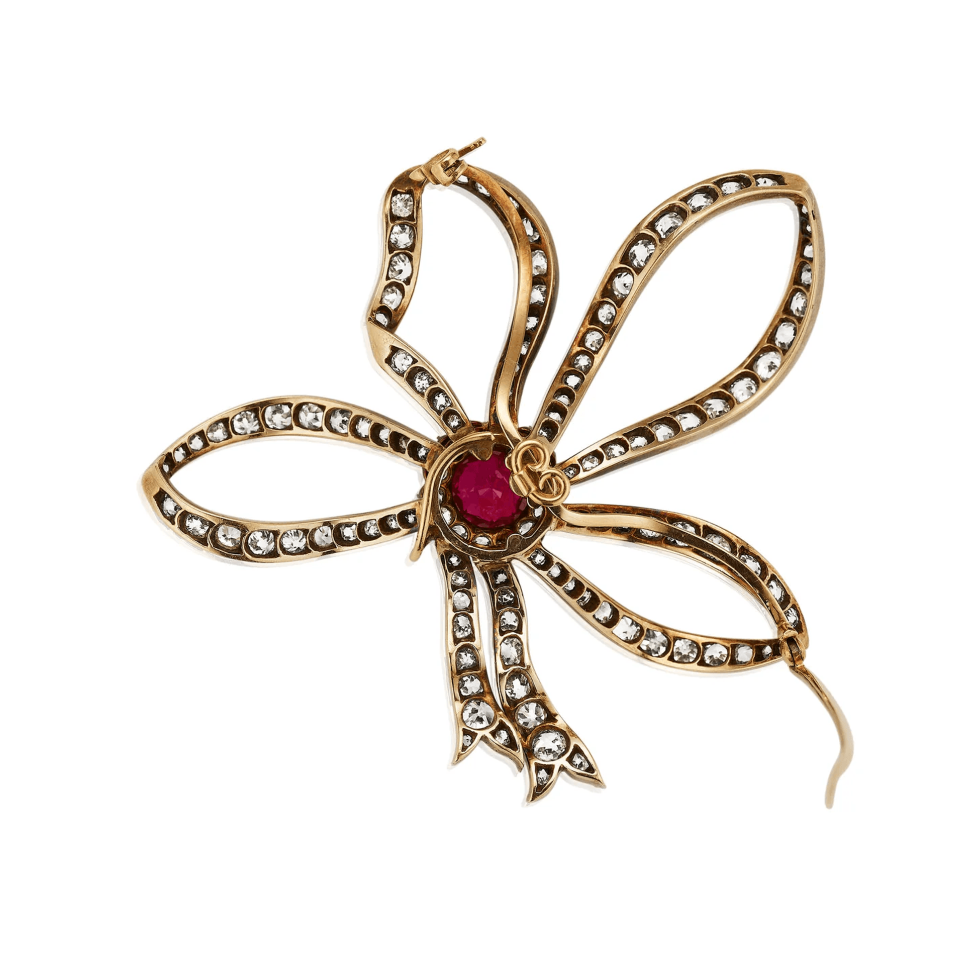 Victorian Silver & 18KT Yellow Gold Ruby & Diamond Bow Brooch back