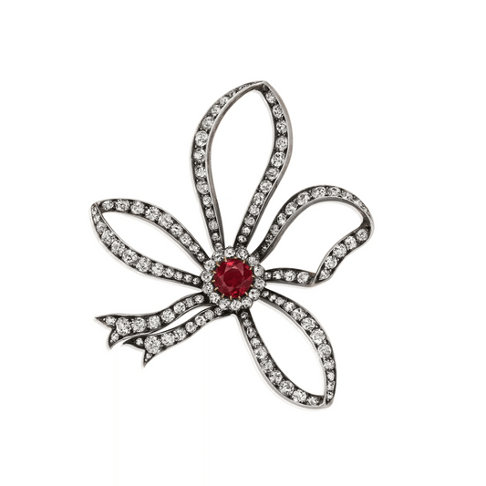 Victorian Silver & 18KT Yellow Gold Ruby & Diamond Bow Brooch front