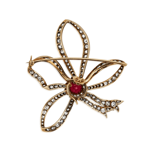 Victorian Silver & 18KT Yellow Gold Ruby & Diamond Bow Brooch back