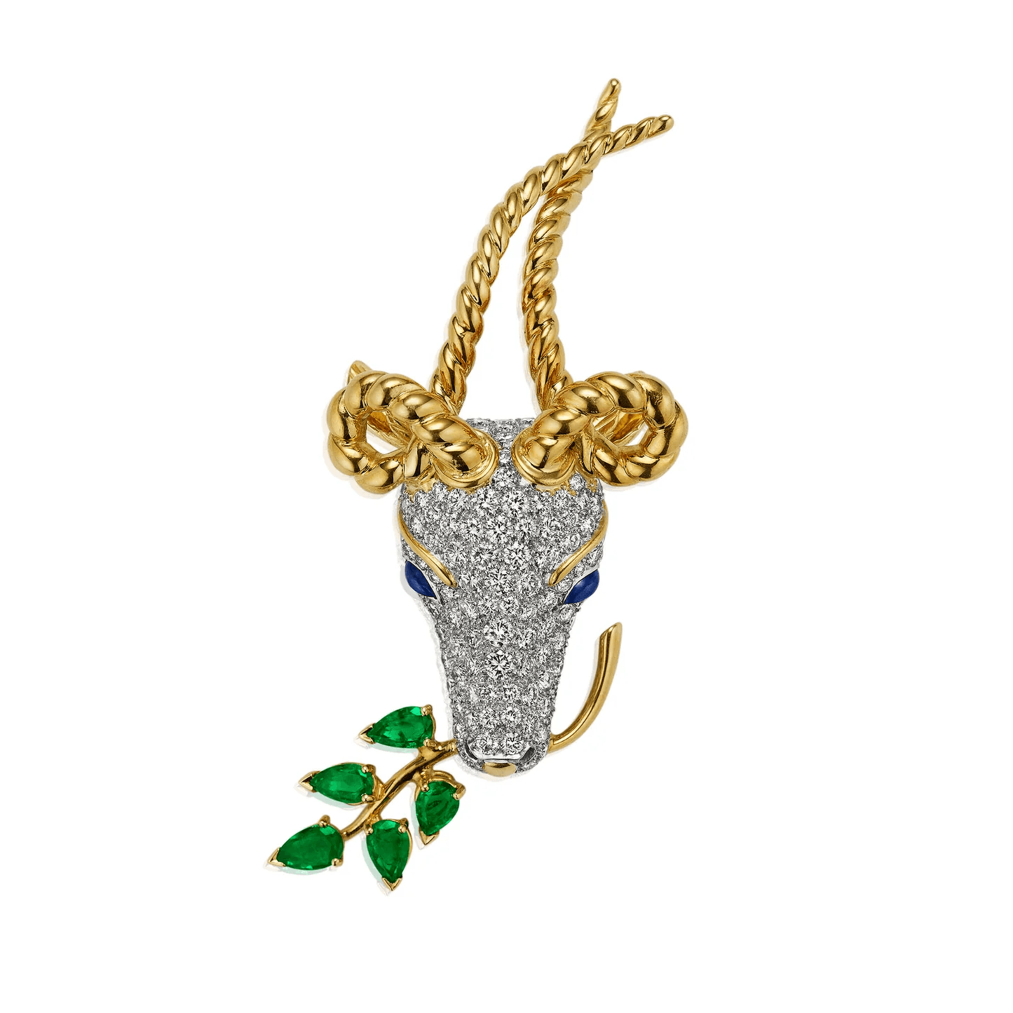 Tiffany & Co. 1970s Platinum & 18KT Yellow Gold Diamond, Emerald & Sapphire Gazelle Brooch front