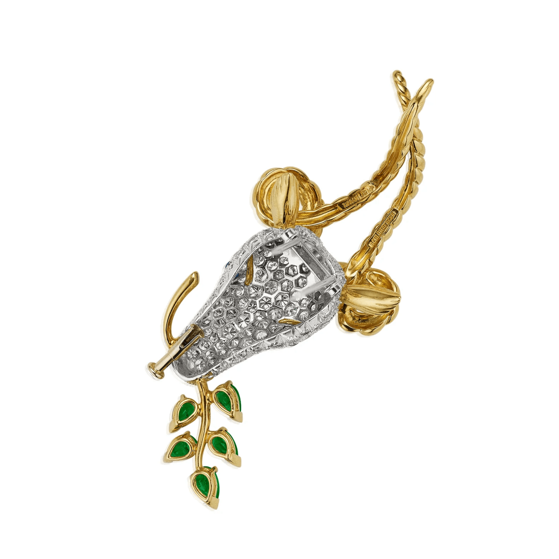 Tiffany & Co. 1970s Platinum & 18KT Yellow Gold Diamond, Emerald & Sapphire Gazelle Brooch back