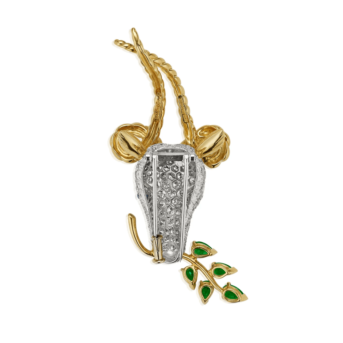 Tiffany & Co. 1970s Platinum & 18KT Yellow Gold Diamond, Emerald & Sapphire Gazelle Brooch back