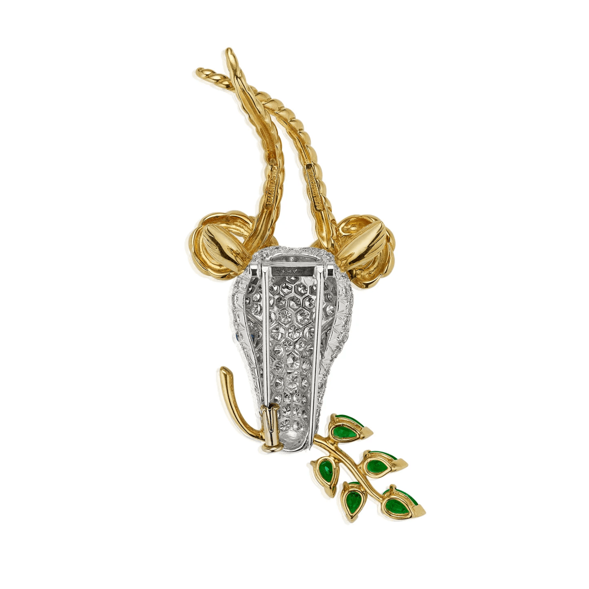 Tiffany & Co. 1970s Platinum & 18KT Yellow Gold Diamond, Emerald & Sapphire Gazelle Brooch back