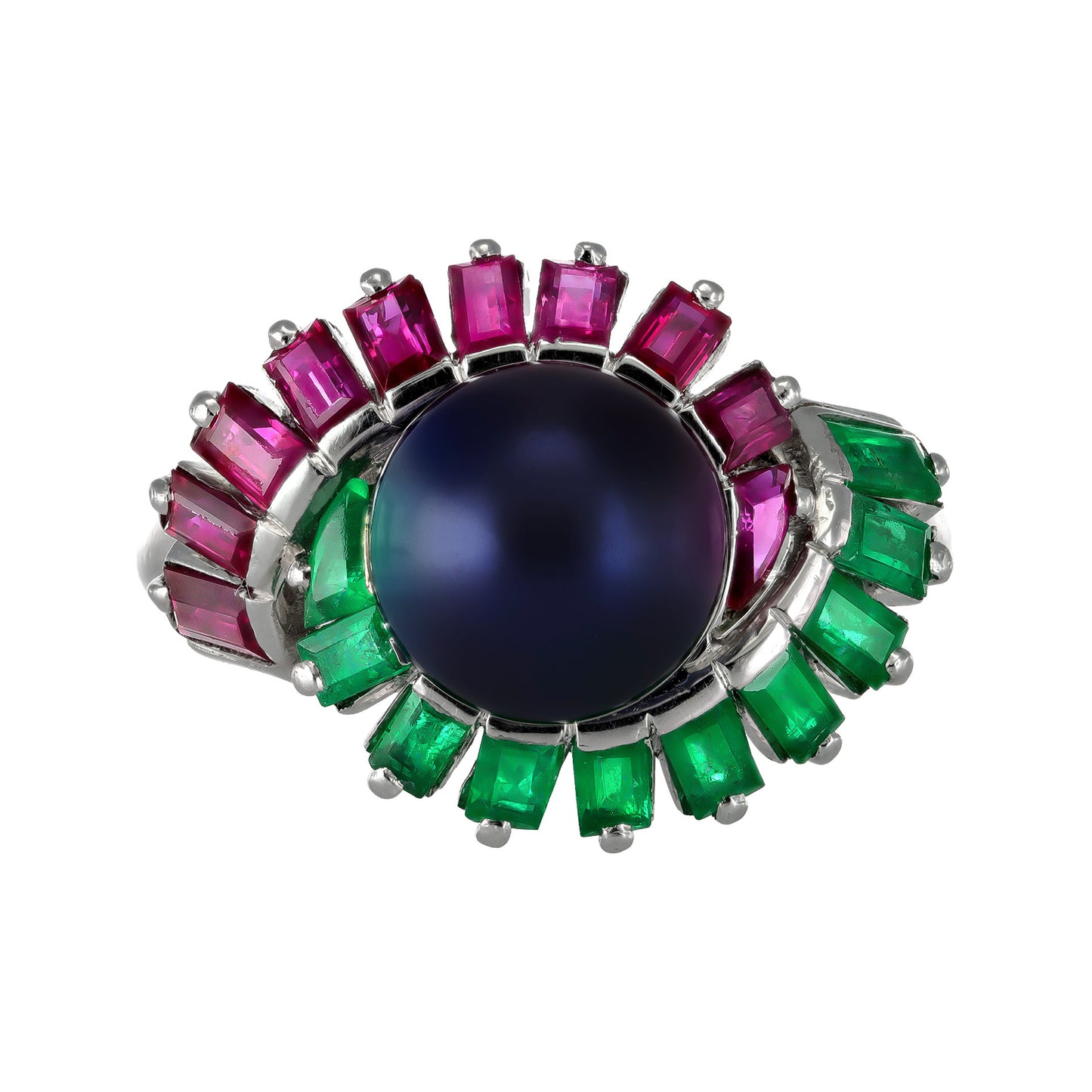 Mauboussin Paris 1950s Platinum Natural Pearl, Emerald & Ruby Ring front