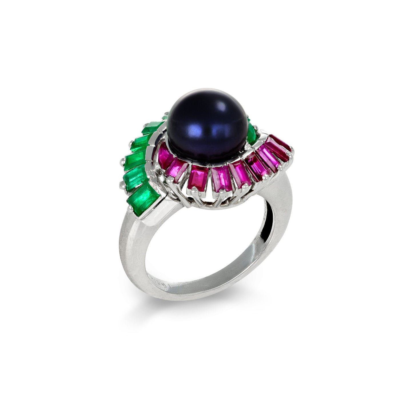 Mauboussin Paris 1950s Platinum Natural Pearl, Emerald & Ruby Ring front