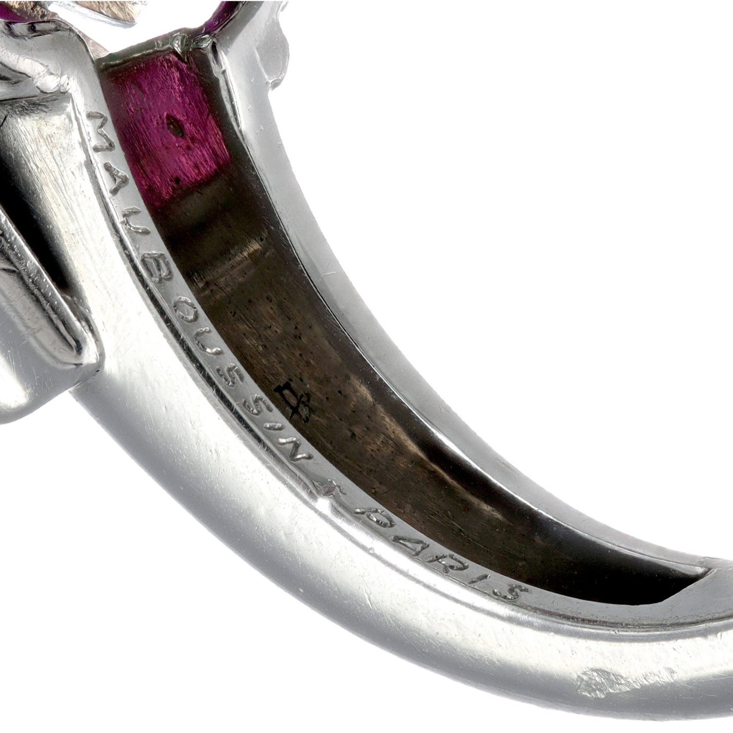 Mauboussin Paris 1950s Platinum Natural Pearl, Emerald & Ruby Ring signature