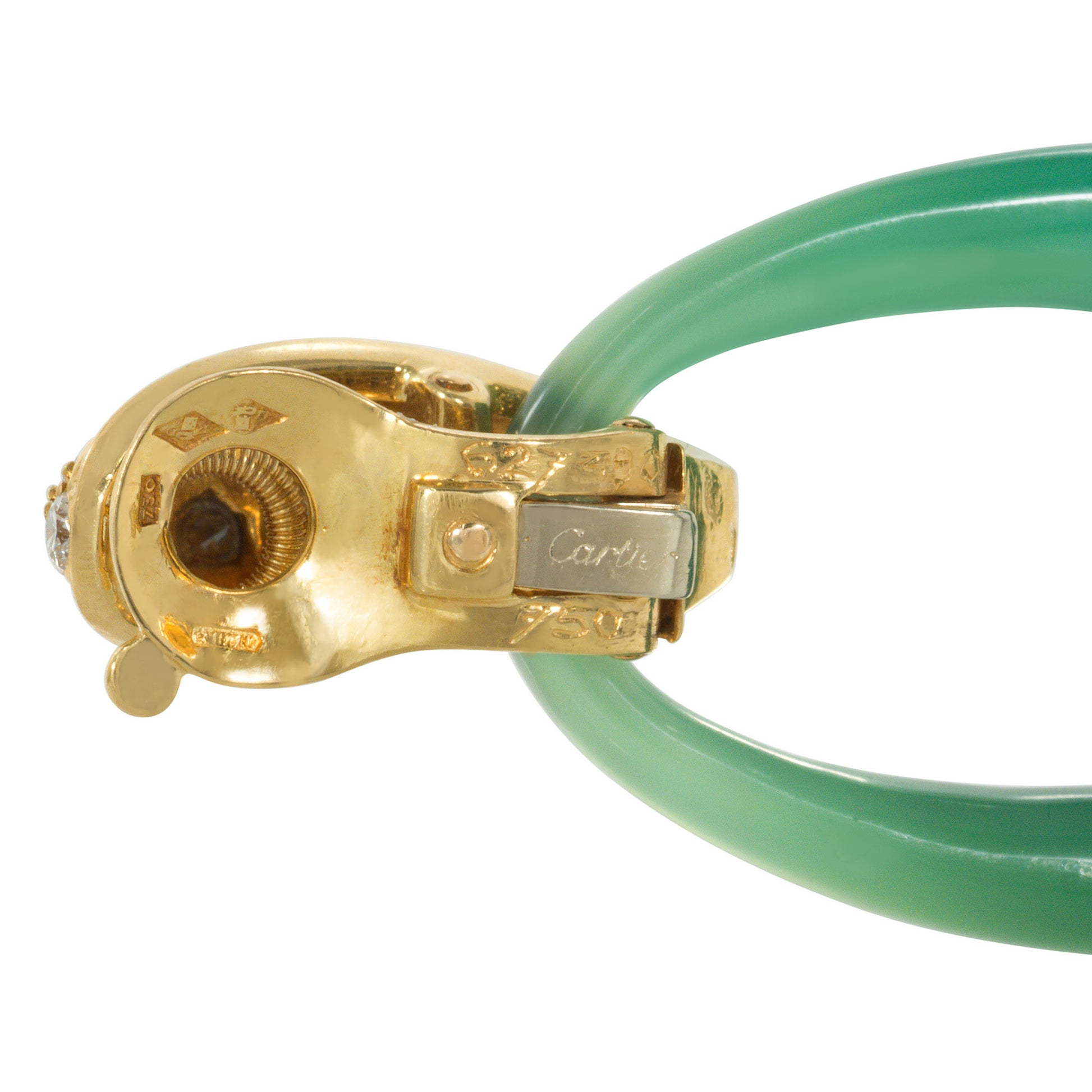 Cartier Paris 1960s 18KT Yellow Gold Diamond, Malachite & Chrysoprase Interchangeable Earrings signature