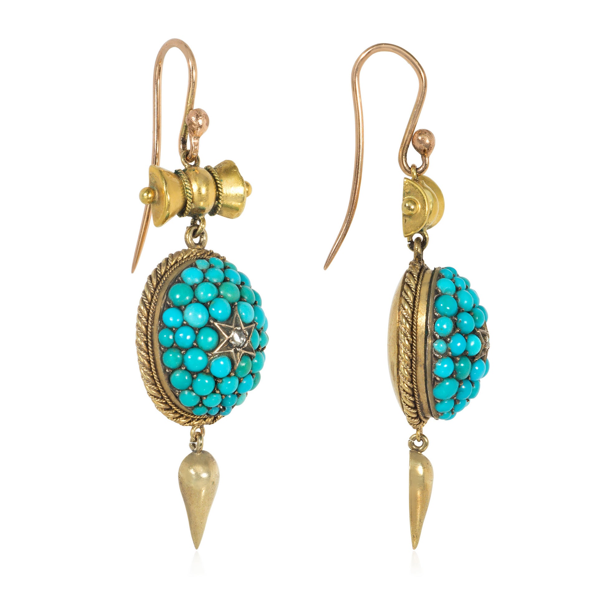 Victorian 15KT Yellow Gold Turquoise & Diamond Earrings side