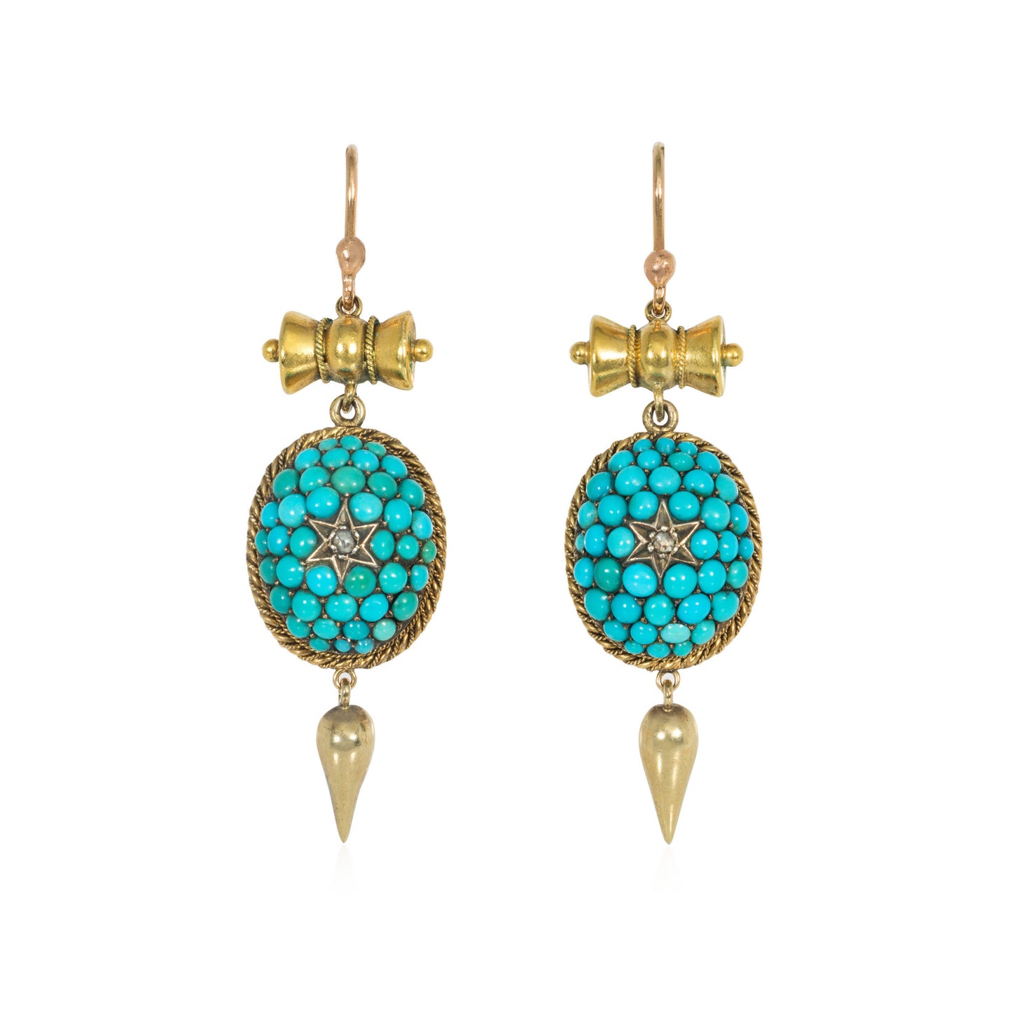 Victorian 15KT Yellow Gold Turquoise & Diamond Earrings front