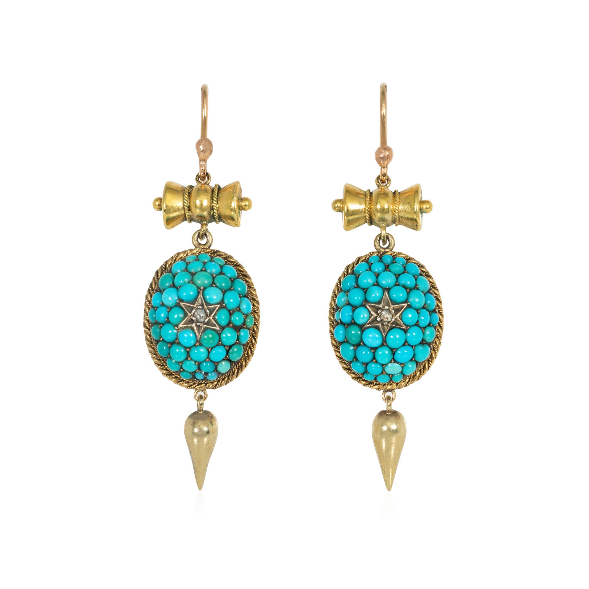 Victorian 15KT Yellow Gold Turquoise & Diamond Earrings front