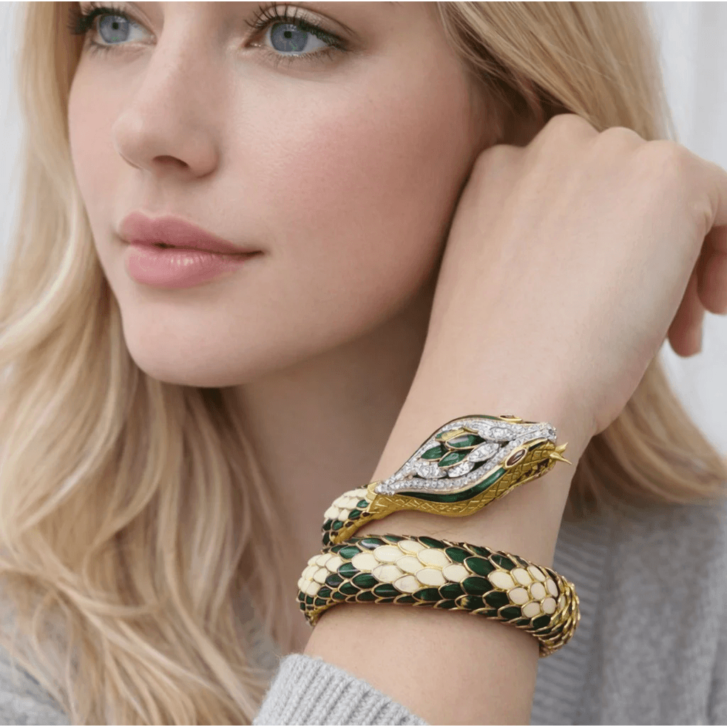 Fred Paris Post-1980s 18KT White & Yellow Gold Enamel, Diamond & Ruby Snake Bracelet on wrist