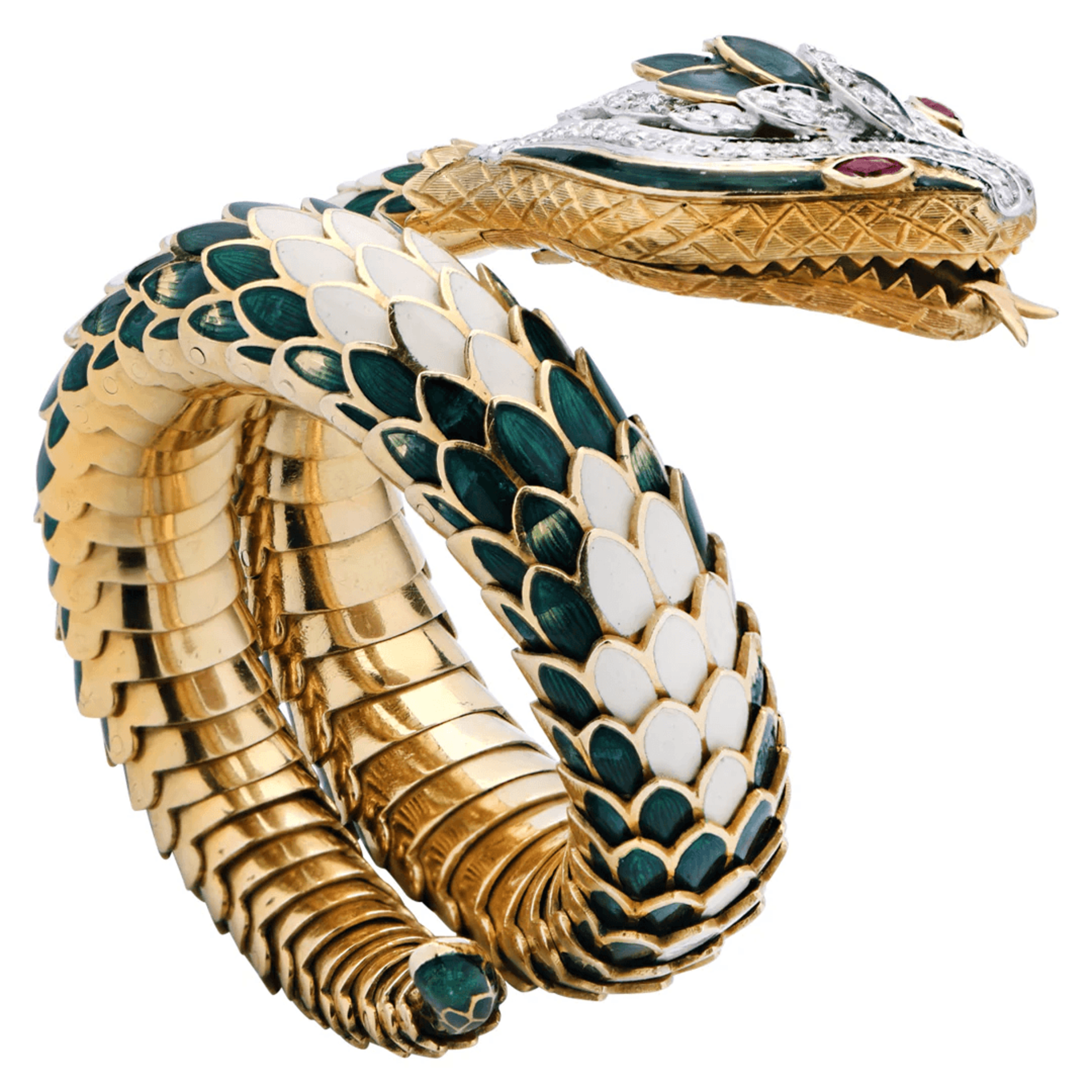 Fred Paris Post-1980s 18KT White & Yellow Gold Enamel, Diamond & Ruby Snake Bracelet front