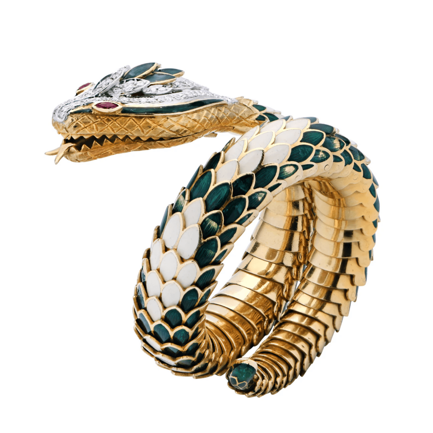 Fred Paris Post-1980s 18KT White & Yellow Gold Enamel, Diamond & Ruby Snake Bracelet front
