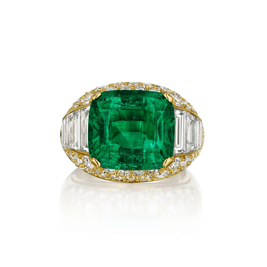 Bulgari 1980s 18KT Yellow Gold Emerald & Diamond Trombino Ring front