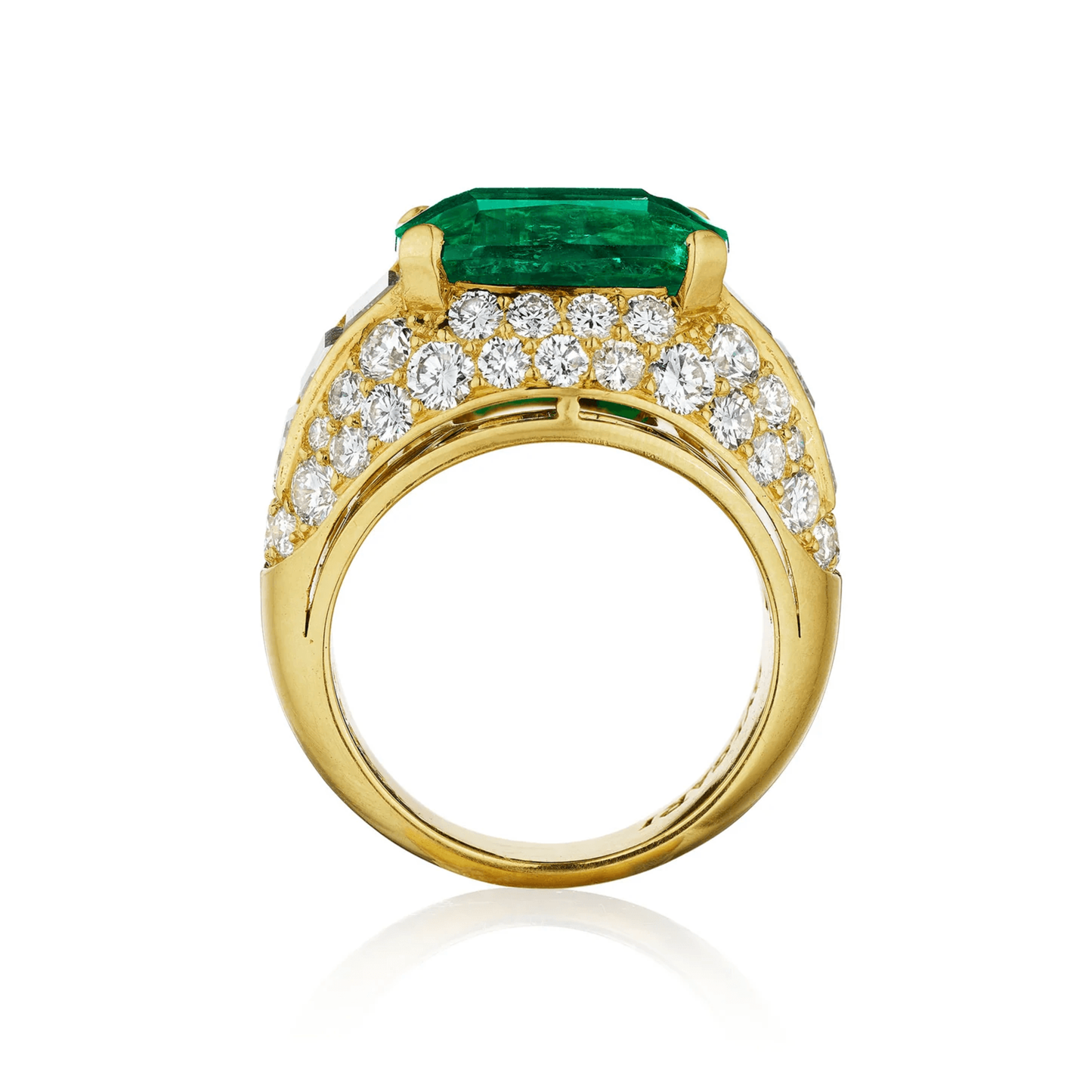 Bulgari 1980s 18KT Yellow Gold Emerald & Diamond Trombino Ring profile