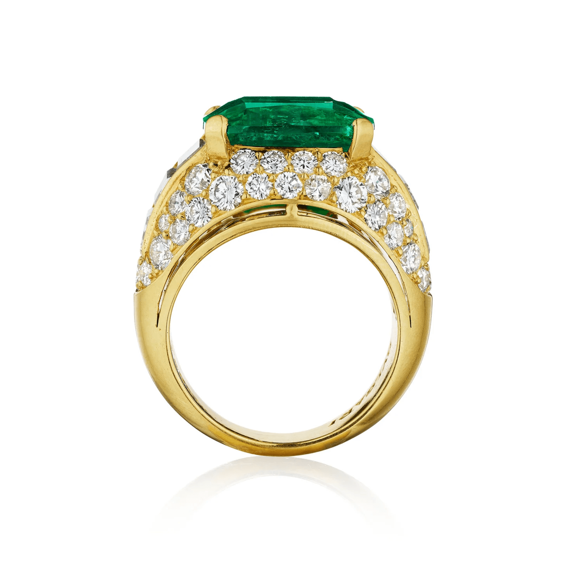 Bulgari 1980s 18KT Yellow Gold Emerald & Diamond Trombino Ring profile