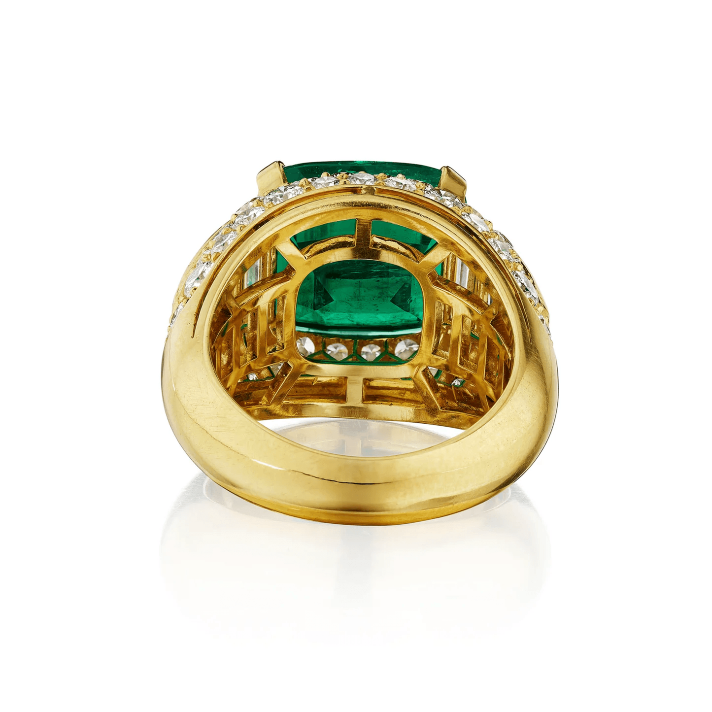 Bulgari 1980s 18KT Yellow Gold Emerald & Diamond Trombino Ring back
