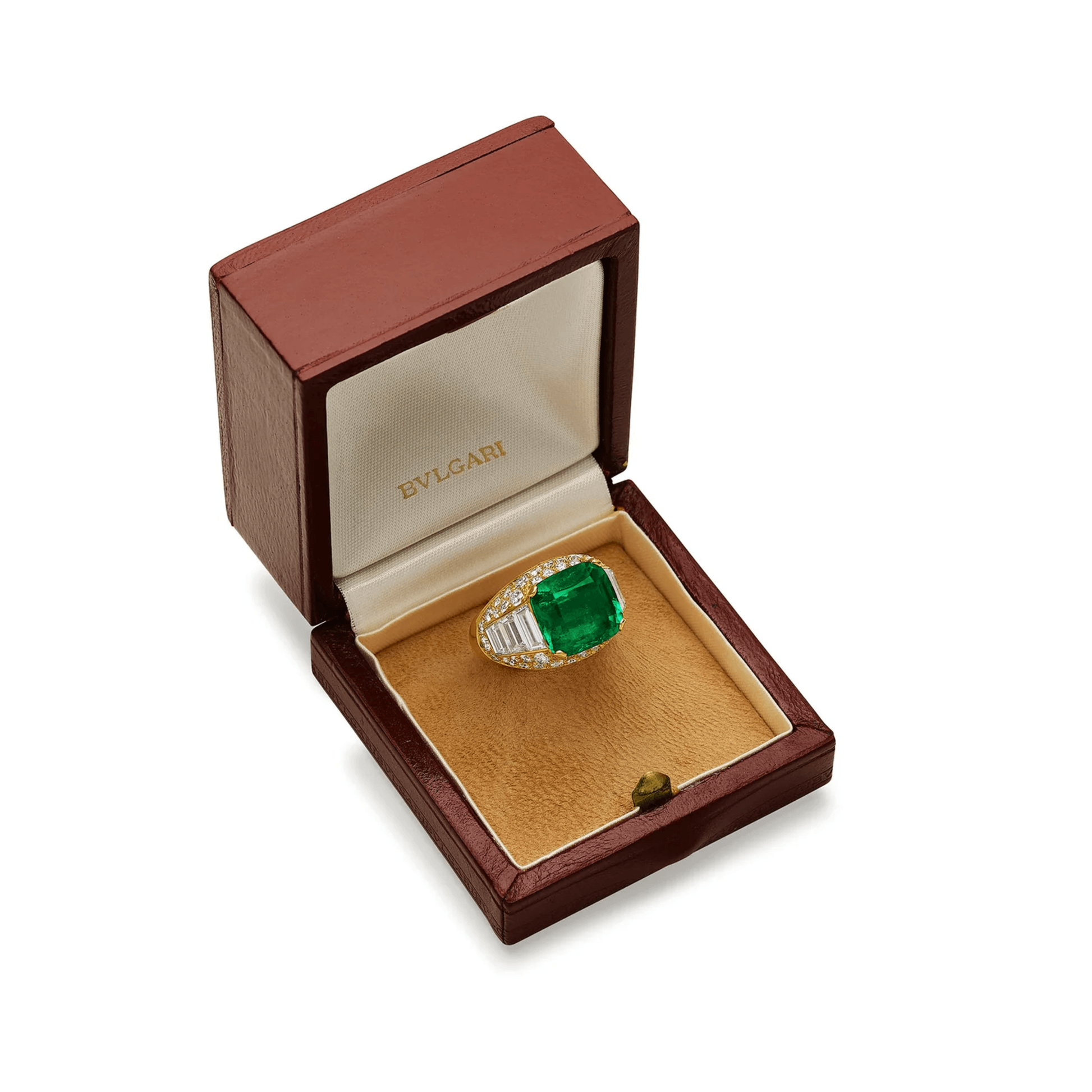 Bulgari 1980s 18KT Yellow Gold Emerald & Diamond Trombino Ring in box