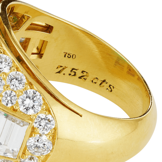 Bulgari 1980s 18KT Yellow Gold Emerald & Diamond Trombino Ring 
