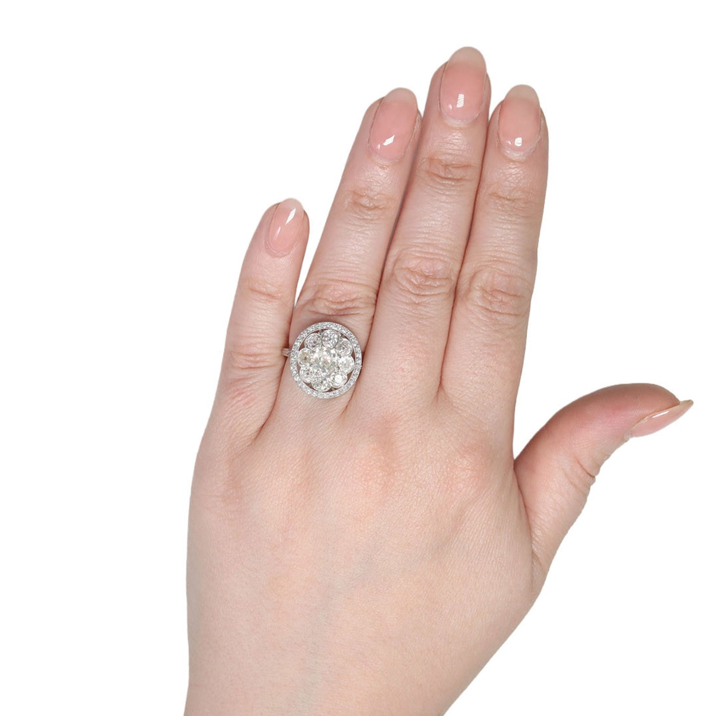 French Edwardian Platinum Diamond Ring on finger