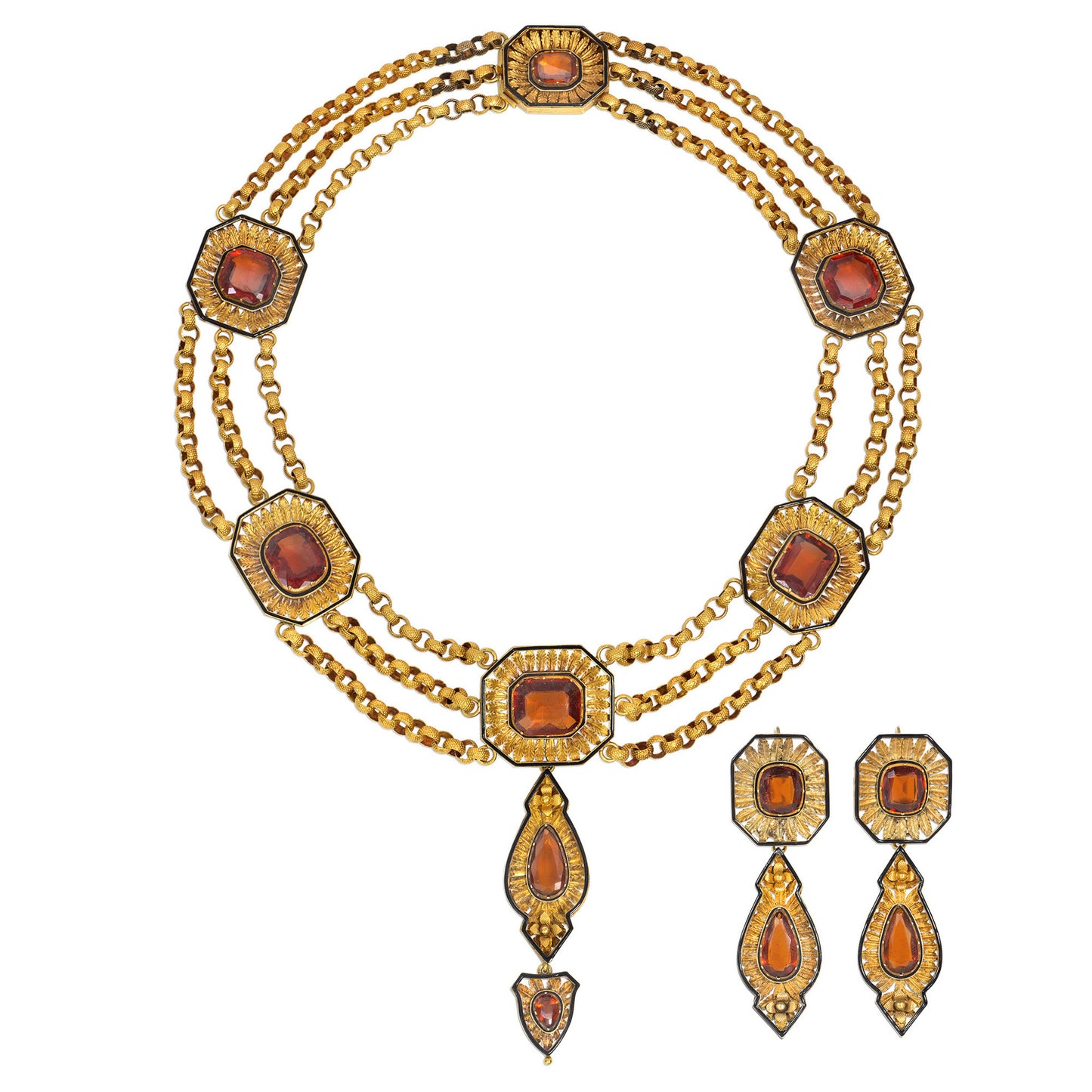 Austrian Victorian 18KT Yellow Gold Hessonite Garnet & Enamel Set front